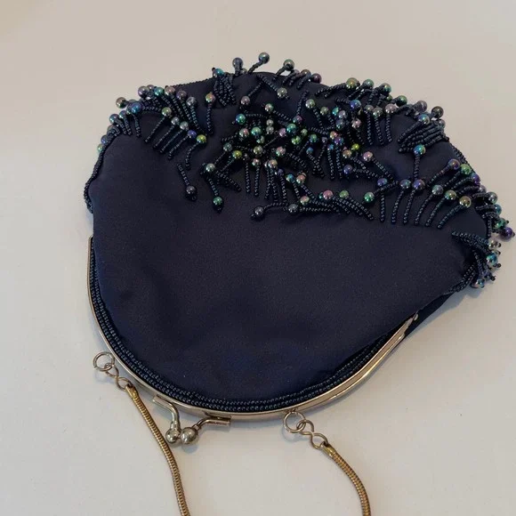 Vintage Navy Blue Satin Beaded Fringe Evening Bag Iridescent Oil Slick Kiss Lock - Picture 10 of 11
